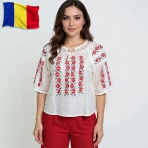 S/M🌺 Romanian Traditional Handmade Ethnic Embroidered Blouse Top Ie